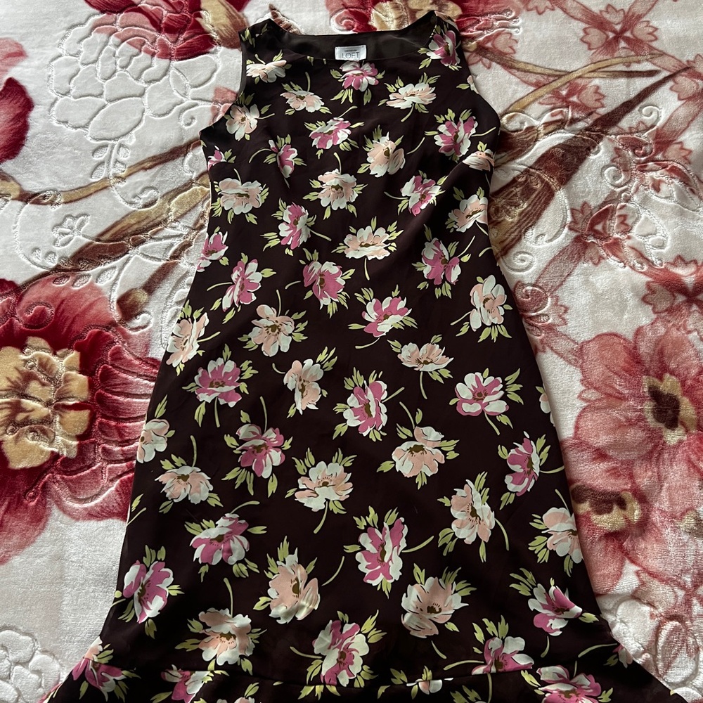 LOFT Black Dress with Pink and White Floral Pattern